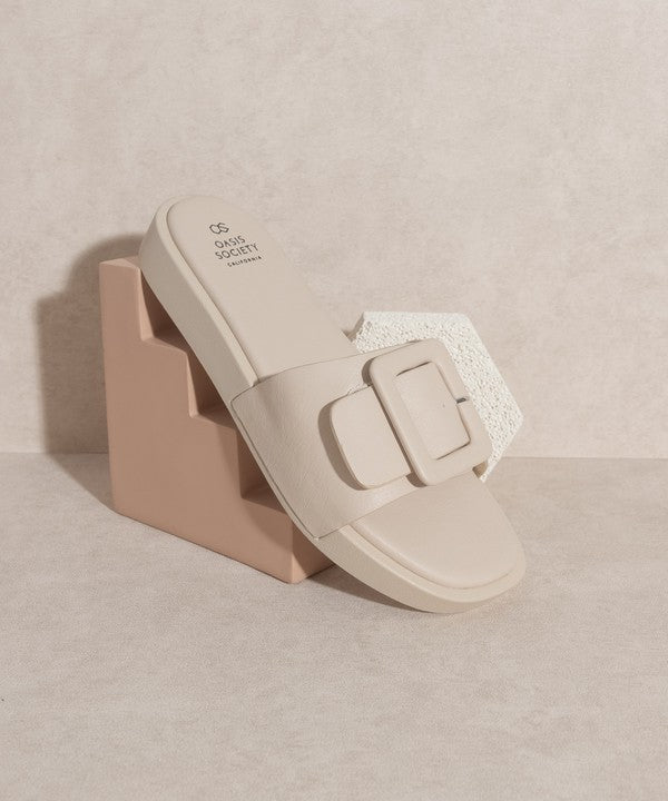 Beige Slide Sandals with Buckle Details