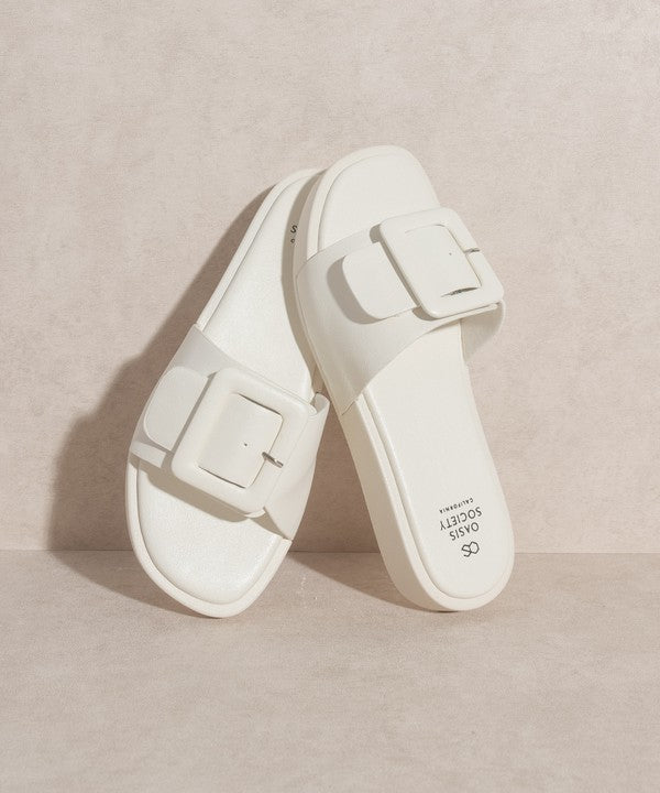 White Slide Sandals with Buckle Details.