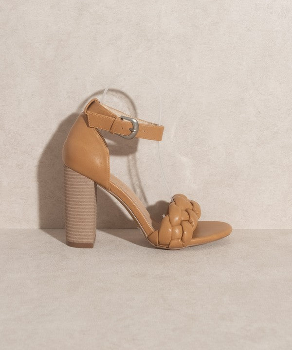 Tan classy heel with braided toe strap 