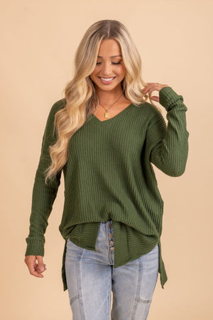womans forest green long sleeve v neck top 