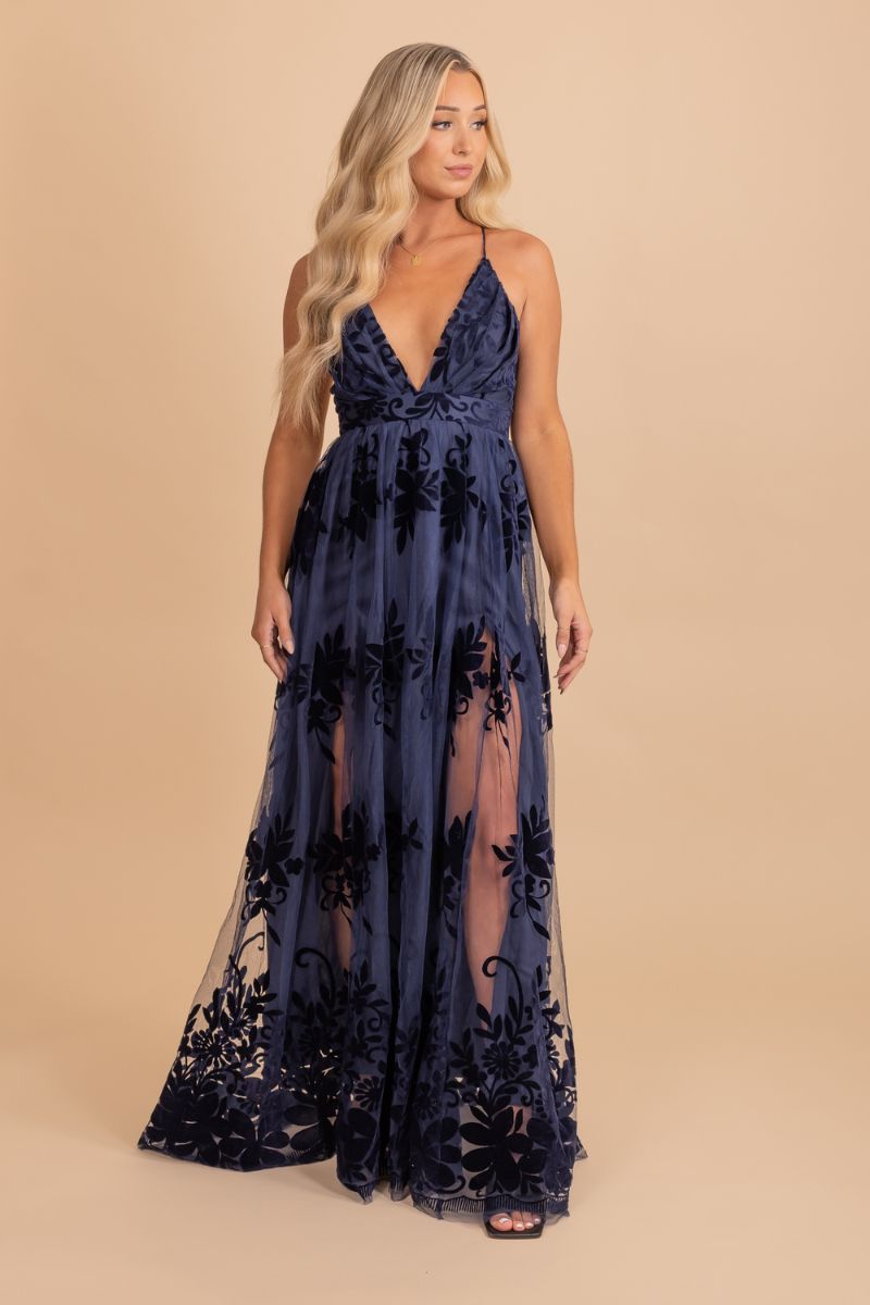 dark blue lace v neck maxi dress