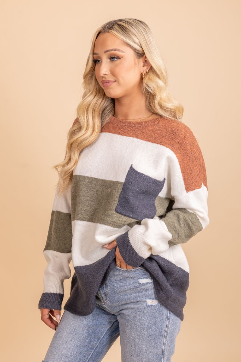 long sleeve oversized front pocket striped sweater