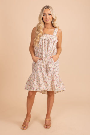 tiered skirt floral off white knee length dress