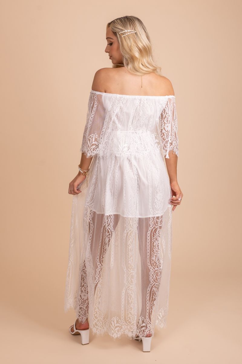 sheer lace off the shoulder white maxi dress