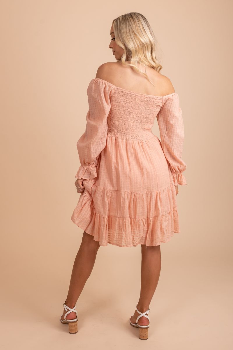 tiered long sleeve pink knee length dress