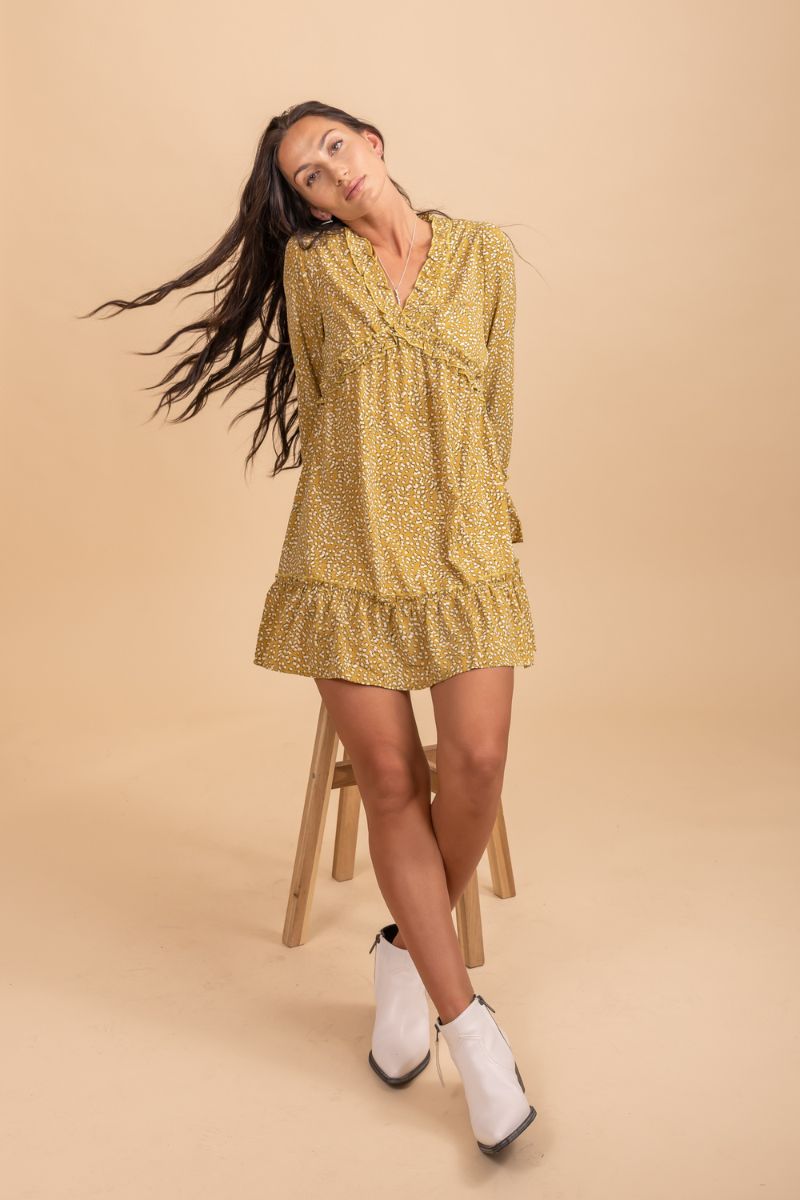 long sleeve yellow patterned mini dress