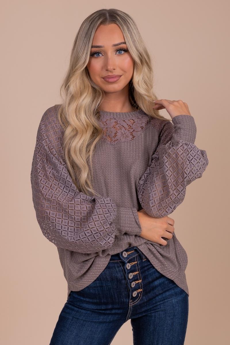 Vintage Romance Lace Sleeve Top - Brown