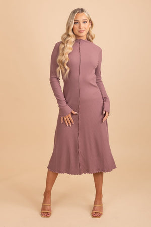 purple long sleeve ribbed midi dress