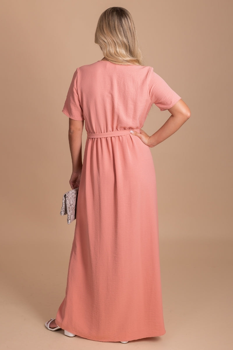 Women's Wrap Style Maxi Dress in Peach Pink 