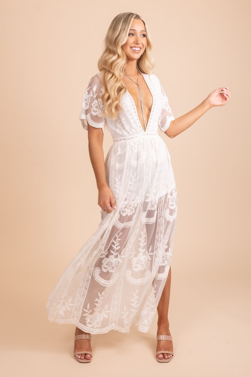 white lace short sleeve maxi dress