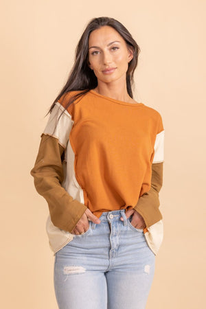 orange long sleeve color block top 
