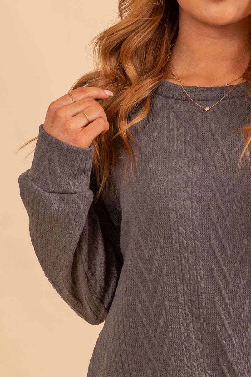 womans long sleeve gray textured sweater