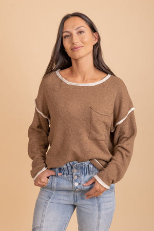 brown long sleeve white seam detail sweater