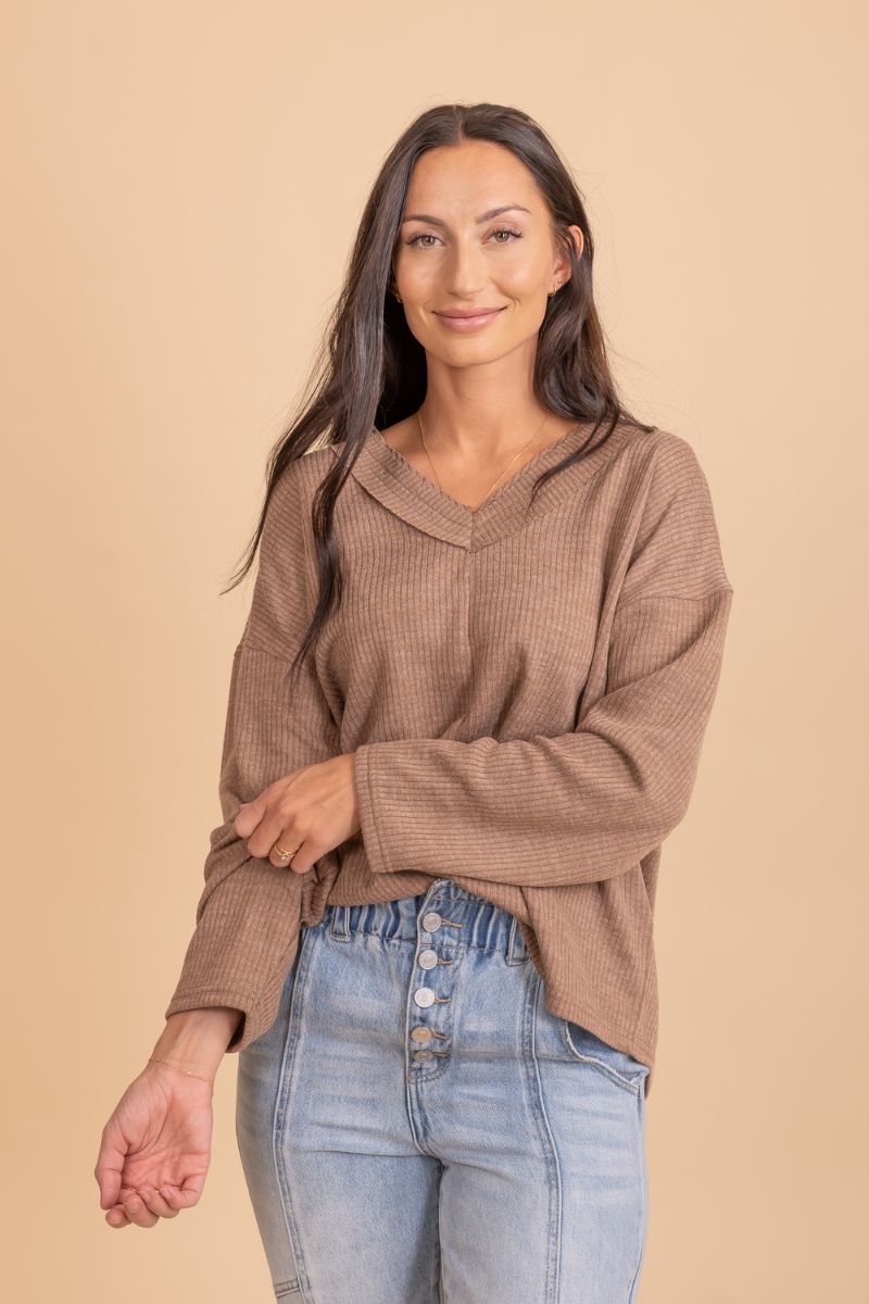 brown v neck waffle knit sweater