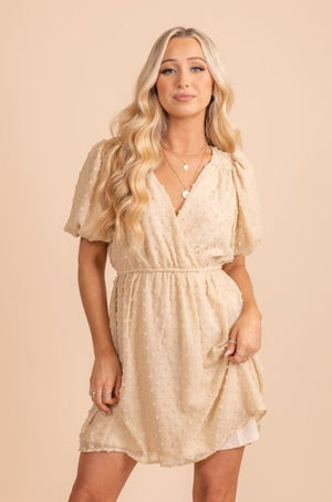 tan polka dot short sleeve mini dress