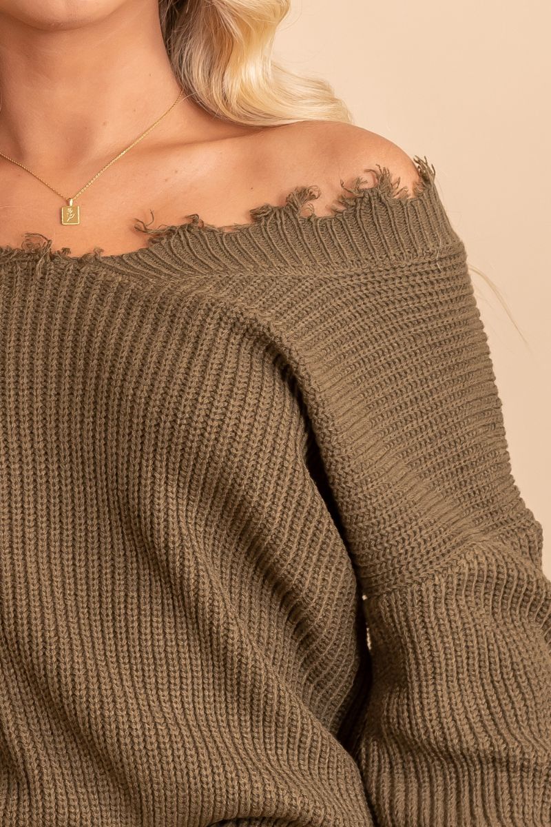 off the shoulder distressed green sweater