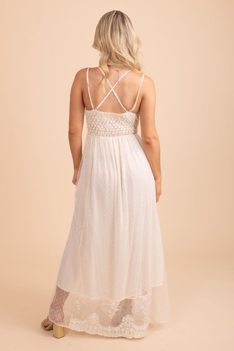 high quality white lace cross back maxi dress
