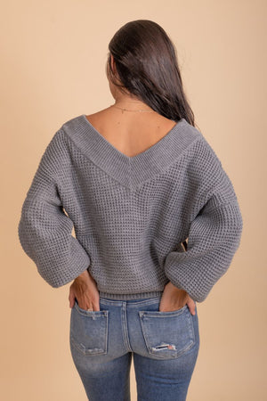 womans long sleeve gray v neck sweater 
