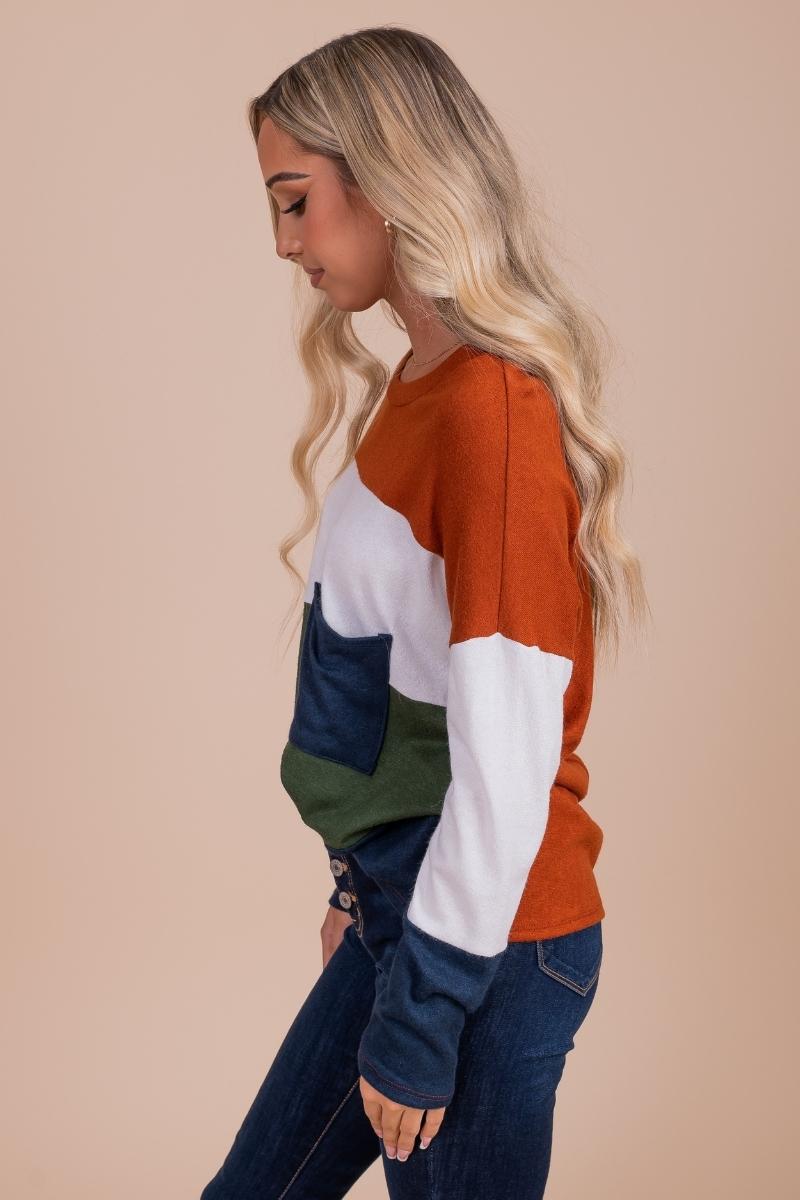 boutique women's orange green and blue striped pullover