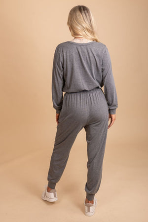 gray comfortable fit long sleeve jumpsuit