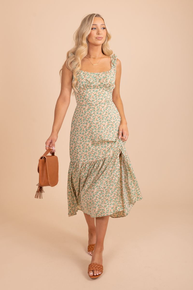 green floral cinched tank sleeve midi dress