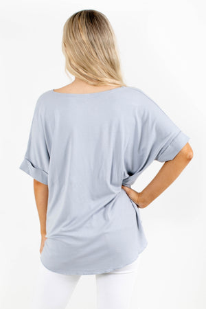 Boutique Short Sleeve Blouse In Light Blue Gray, Back View.