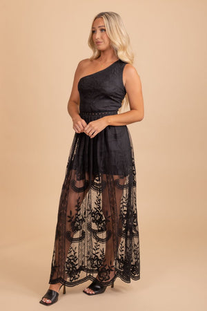 one shoulder black lace dress