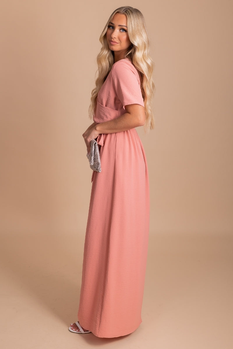 Pink Wrap Style Dress with Tie Waist for Women 