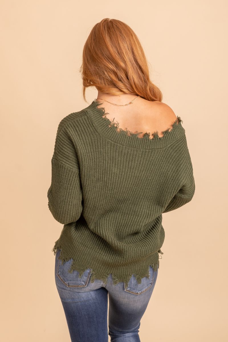 womans fall green distressed cozy sweater