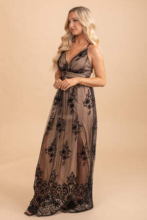 sheer lace event maxi dress