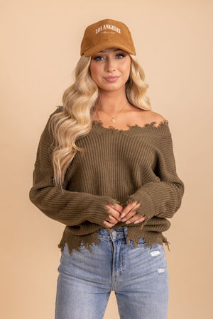 long sleeve green distressed sweater