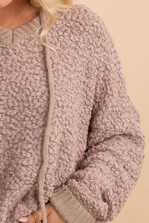 long sleeve brown front string knit hoodie