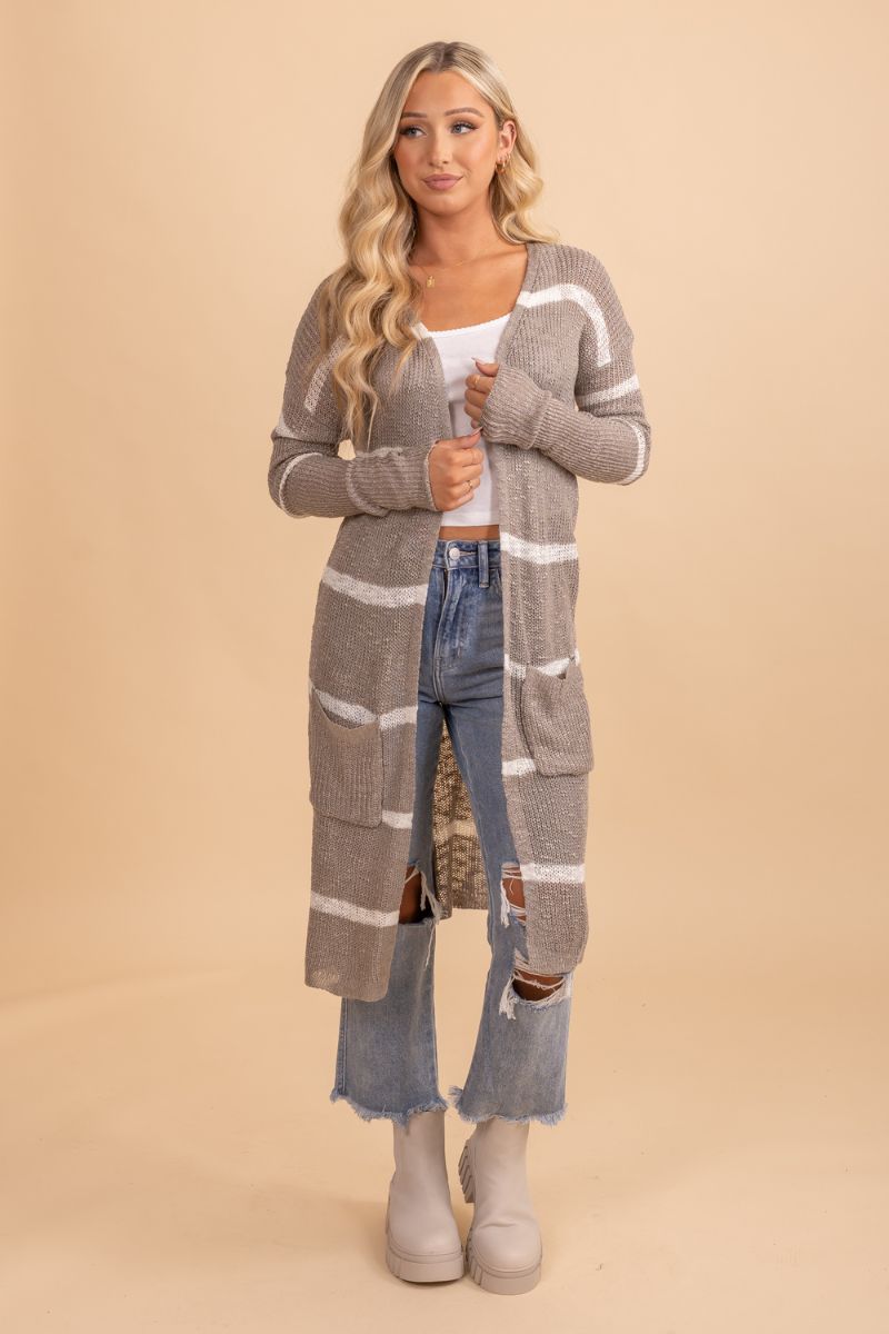 Long length gray and white striped cardigan