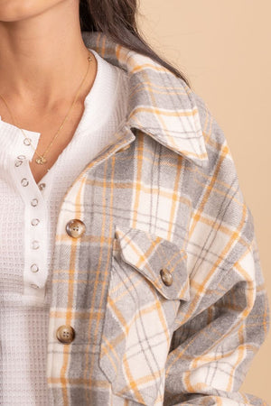 gray and yellow plaid button up jacket