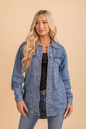womans denim button up collared fall jacket