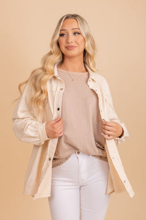 cream collared button up long sleeve jacket