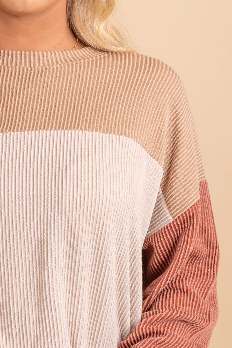 light brown ribbed long sleeve top