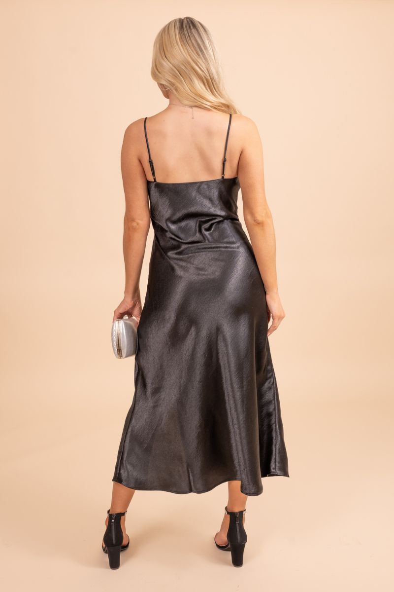 open back flowy black front slit maxi dress