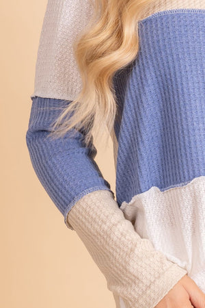 blue color block waffle knit top