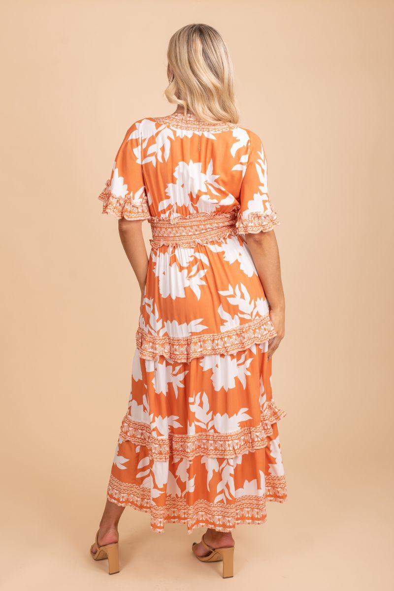 flower tribal print orange maxi dress