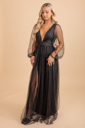 mesh black long sleeve maxi dress