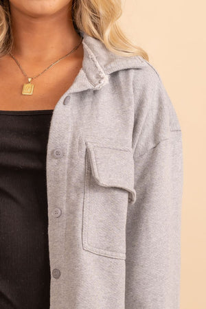 womans gray button up fall collared jacket