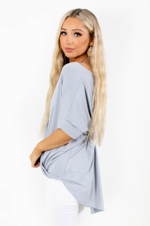 Boutique Top, Short Sleeve Blouse in color Light Gray Blue.