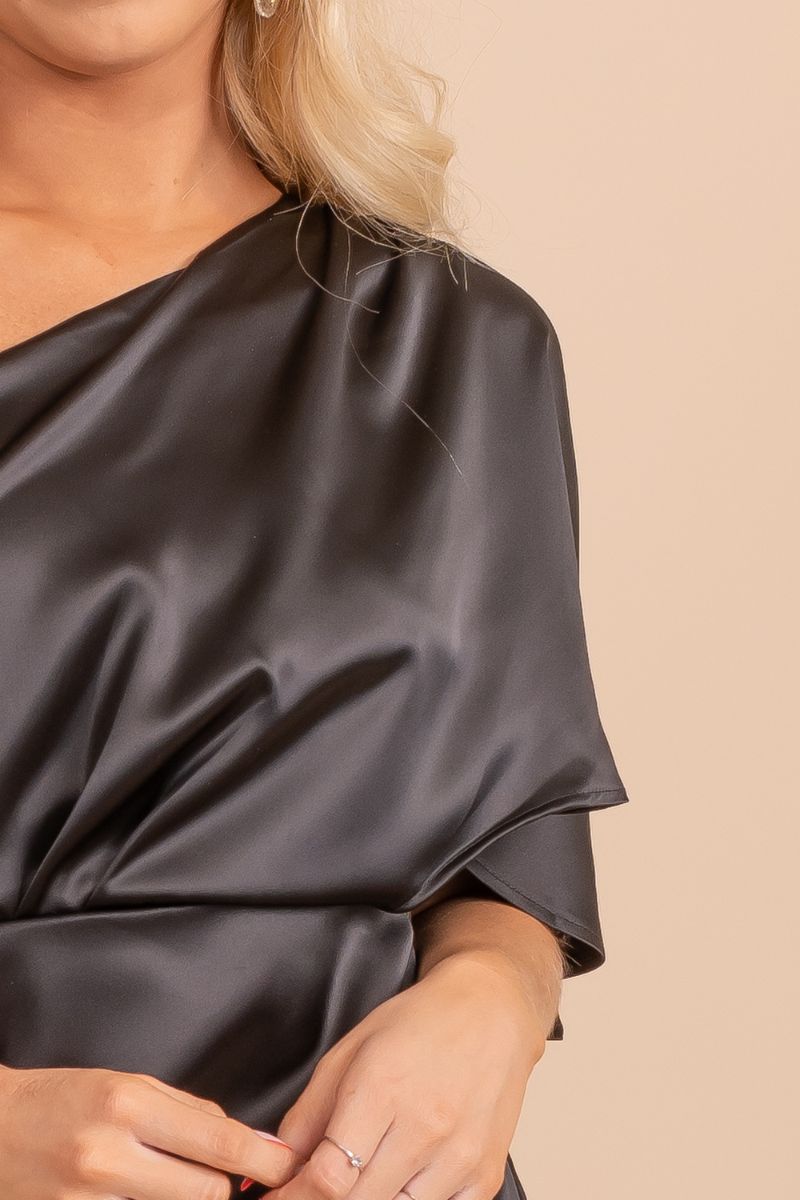black silk ruffle one shoulder mini dress