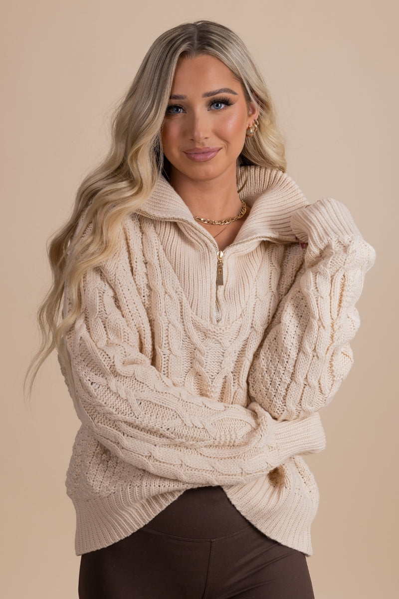 boutique cream chunky cable knit sweater for fall and winter