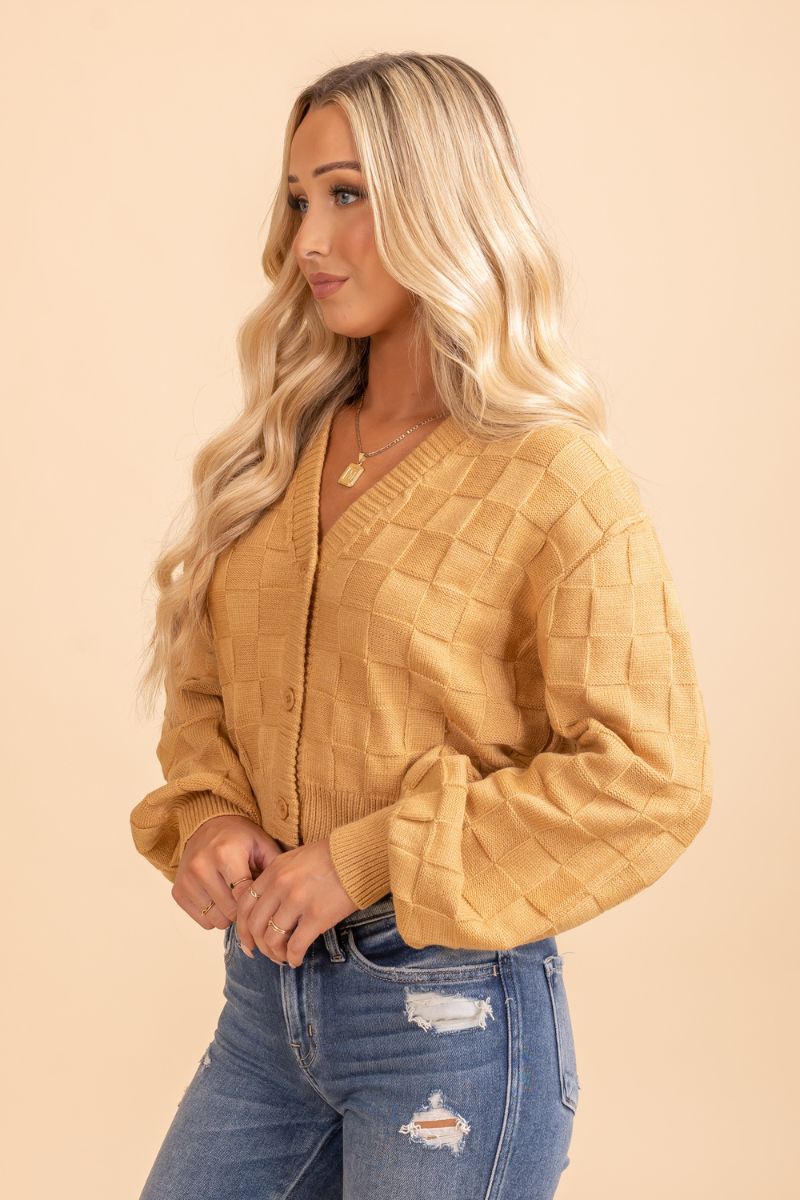 Puff sleeve womans yellow cropped cardigan