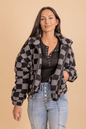 dark gray checkered sherpa jacket