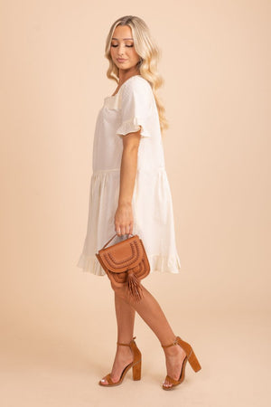 flowy swiss dot short sleeve mini dress