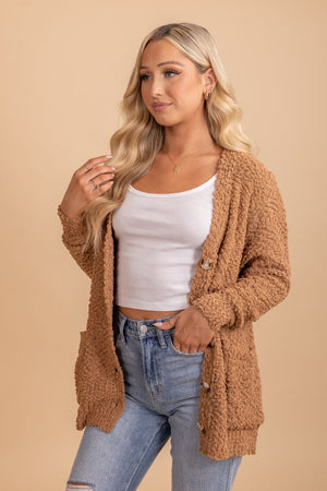 long sleeve brown button up cardigan