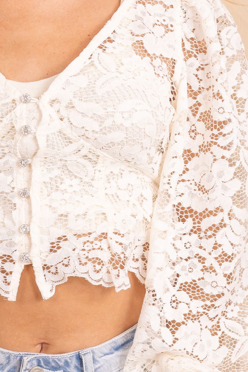 button up white lace cropped top